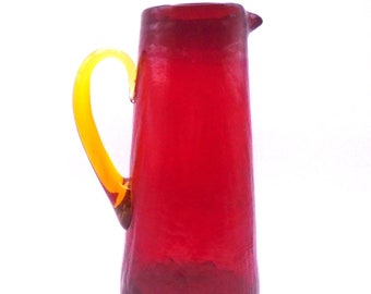 Vintage Blenko Glass Company Crackle Red Glass Pitcher with Golden Handle, Made in West Virginia, USA Hand Blown, Hand Shaped