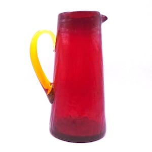 Vintage Blenko Glass Company Crackle Red Glass Pitcher with Golden Handle, Made in West Virginia, USA Hand Blown, Hand Shaped