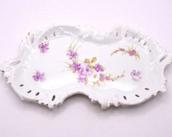 Antique Vintage Brunswick Germany Hand Painted Pink Floral Porcelain Dresser Tray, Trinket Dish, Serving Plate, Circa 1930's