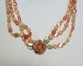 Vintage Multi-Strand Faux Coral & Moon Glow Beads Necklace with Matching Clip On Earrings