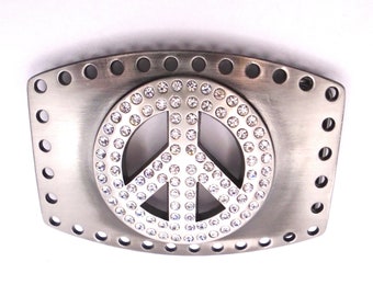 Vintage Western Style Cast Metal Belt Buckle, Punched Silvertone Cast Metal with Large Crystal Rhinestone Peace Sign