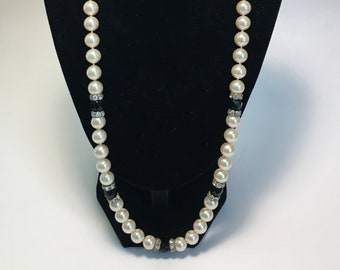 Vintage Faux Pearl, Black Crystal & Rhinestone Necklace