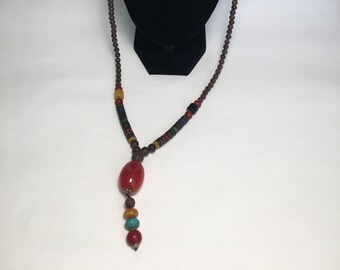 Vintage "Glass and Wood Bead" Tassel Necklace