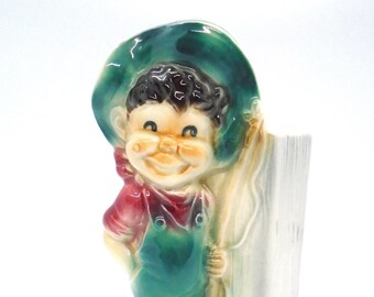 Vintage 1960's Royal Copley "Gone Fishing" Wall Pocket or Freestanding Planter