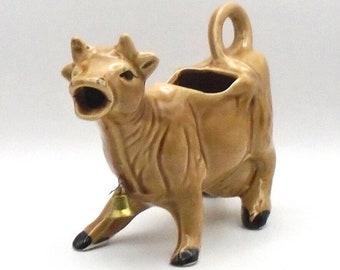 Vintage Ceramic Brown Cow Creamer/ Pitcher with Bell, Hand Painted, Made in Japan, Mid-Century Modern
