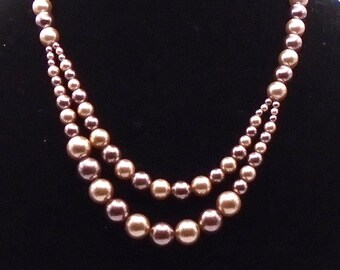 Vintage Roman (RMN) Chocolate Beige Two Strand Faux Pearl Adjustable Necklace a