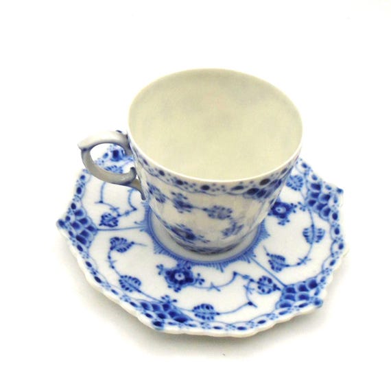 Vintage Royal Copenhagen Demitasse Cup & Saucer: Blue Fluted Full Lace, Pattern 1038