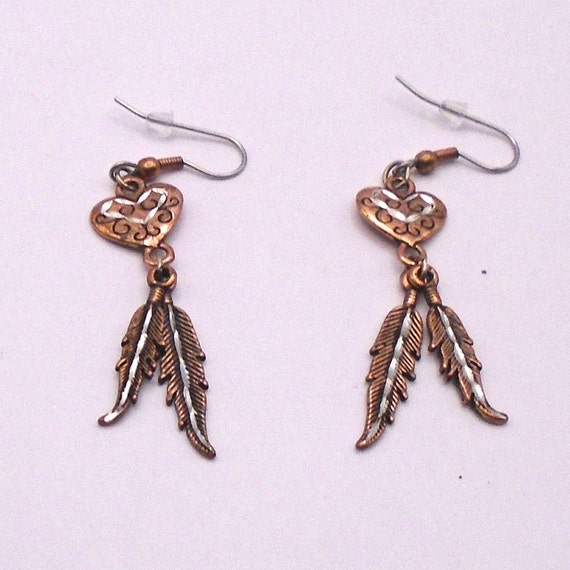 Vintage Genuine Copper Concho Feather Drop Pierced Earrings with Hearts