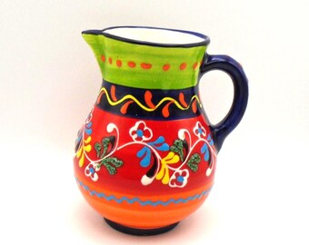 Vintage "Del Rio Salado" Pitcher, Hand-Made in Spain, Vivid Floral Pattern, 6-1/2" Tall