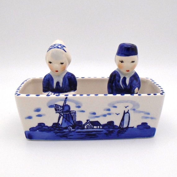 Vintage Delft Blue Salt and Pepper Shakers and Holder - 3 pieces, Made in Holland