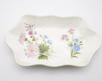 Vintage Royal York Petite "Wild Flowers" Bone China Trinket Dish, Soap Dish, Etc., with Scalloped Green Trimmed Edges, Made In England
