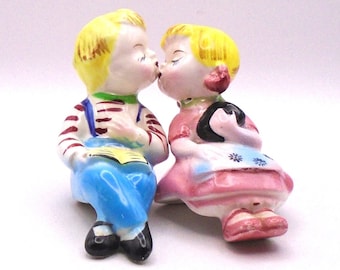 Vintage Kissing Boy and Girl Salt and Pepper Shaker Set, Made in Japan, Circa 1950's
