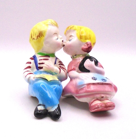 Vintage Kissing Boy and Girl Salt and Pepper Shakers, Made in Japan, 1950s