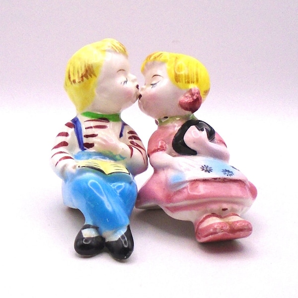 Vintage Kissing Boy and Girl Salt and Pepper Shaker Set, Made in Japan, Circa 1950's