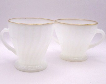 Vintage Anchor Hocking Fire King Sugar and Creamer Set White Swirl Pattern with Gold Trim, Made in USA, Circa 1960's