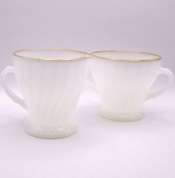 Vintage Fire King Sugar and Creamer Set: White Swirl, Gold Trim