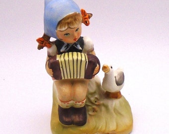Vintage Arnart 5th Ave. Hummel-style Little Girl with Accordion and Duck"Music Time" Figurine, Made in Japan, designed by Erich Stauffer