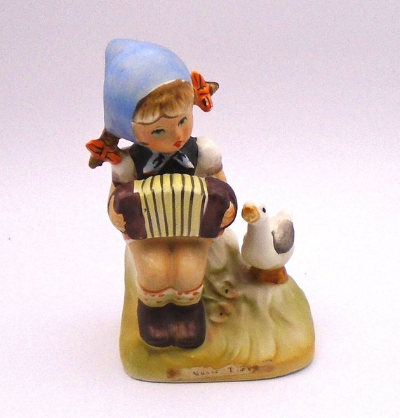 Vintage Arnart Hummel-Style Figurine: Girl with Accordion, Duck - Japan