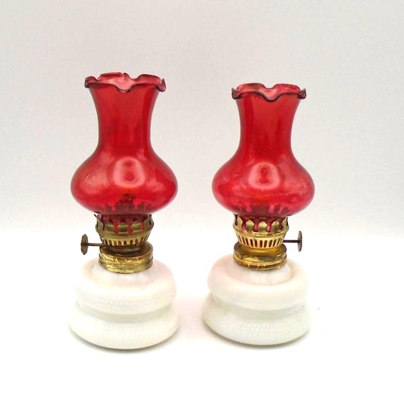 Vintage Miniature Saloon Oil Lamps: Red Glass Globes, Milk Glass Base