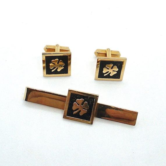 Vintage Lucky Clover Cuff Links and Tie Clip by Swank