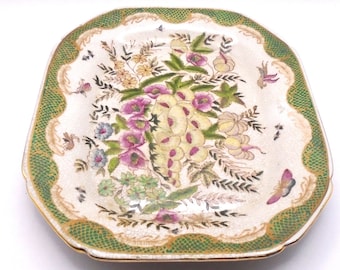 Vintage Famille Rose Pattern Rectangular Crackle Glaze Porcelain Decorative Plate Stamped on the Bottom