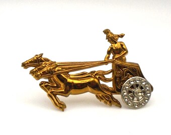 Vintage Brass Charioteer, Chariot and Horses, Pin/Brooch, Silvertone Rhinestone Wheel