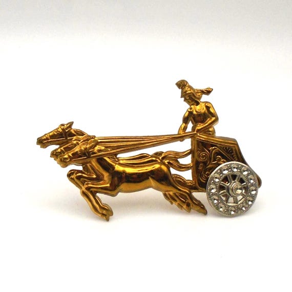 Vintage Brass Charioteer, Chariot and Horses, Pin/Brooch, Silvertone Rhinestone Wheel
