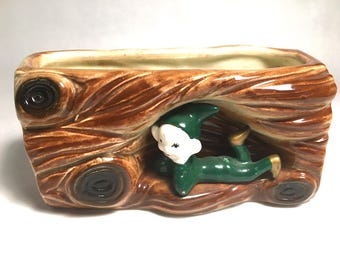 Vintage Pixie "On A Log" Ceramic Planter