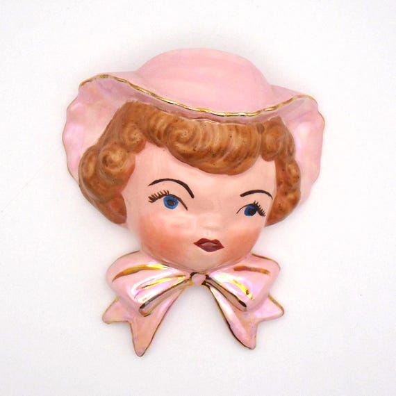 Vintage 1950's Miss Dainty Pink with Gold Lady Head Wall Pocket