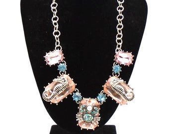 Vintage Betsey Johnson Crab and Sea Horse Pendant Silver Tone Necklace, with a Faux Pearl, Pink and Blue Rhinestones, Adjustable Length