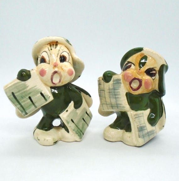 Vintage 1940-50's Anthropomorphic Beetle "Newsies" Ceramic Figurines,  Made In Japan