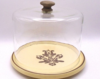 Vintage Pfaltzgraff Stoneware Village Mid-Century Modern Wooden and Ceramic Cheese/Charcuterie with Glass Cloche, Made in USA