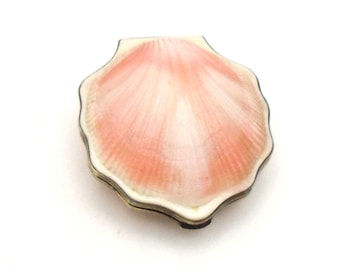 Vintage Soviet Era Gilt Silver 875 Hinged Shell Shaped Pink and White Compact with Mirror and Powder Box with Screen, Circa 1950's-1960's