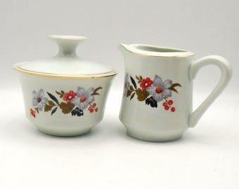 Vintage Real Brasil by Leart Sugar Bowl with Lid and Creamer Pitcher, Floral Design, Gold Trim, Circa 1960's, Made in Brazil