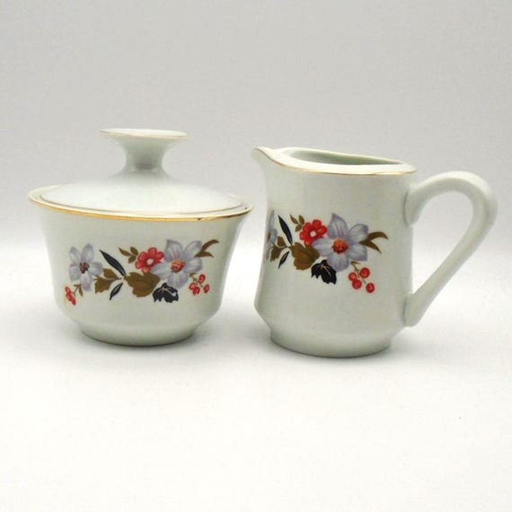 Vintage Real Brasil Sugar Bowl and Creamer Set: Floral Gold Trim, 1960s