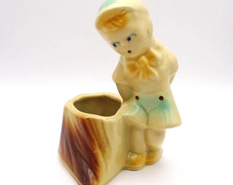 Vintage 1940's-1950's Shawnee Pottery "Boy and Tree Trunk" Planter, also commonly known as the "Boy by Stump" Planter