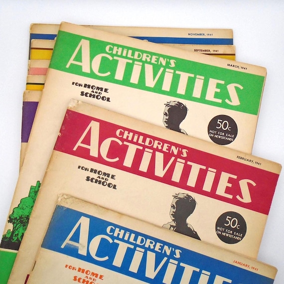 Vintage 1941 Children's Activities Magazines: Homeschool Teacher Lot, Set of Eight