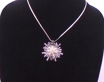 Vintage Starburst Signed Monet Cast Silver Dotted Texture Necklace with Herringbone Chain
