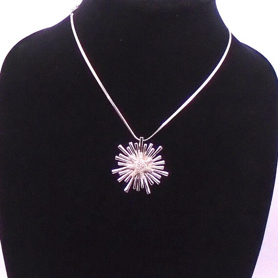 Vintage Starburst Signed Monet Cast Silver Dotted Texture Necklace with Herringbone Chain