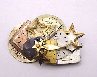 Vintage Steam Punk Style Time Themed Bi-Metal Brooch/ Pin