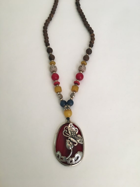 Vintage Faux Silver and Stone "Butterfly Filigree" Pendant Necklace, Boho Style