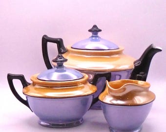 Vintage Lusterware Tea Set, Circa 1920's -1940's, Made in Czechoslovakia, Pearlized Peach, Blue and Black, Rare Find
