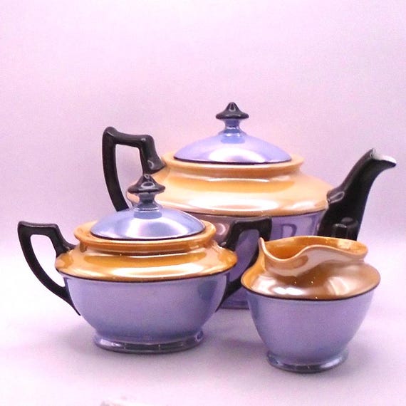 Vintage Lusterware Tea Set: Pearlized Peach, Blue & Black, Czechoslovakia