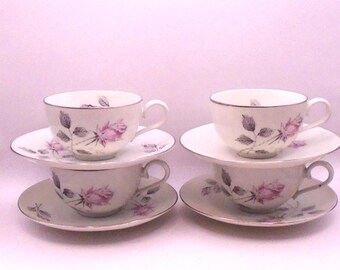 Vintage Bohemian China Tea/Coffee Cups and Saucers, Silver Rose Pattern, Circa 1960's, Set of 4, Silver Trim, Made in Czechoslovakia