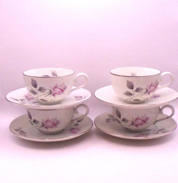 Vintage Bohemian China Tea Cup Set: Silver Rose, Czechoslovakia, 1960s