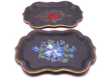 Vintage 1950's Jerywil Hand Painted Toleware Trays Set 0f 4 Black with Flowers (2 with Red Roses 2 with Blue Flowers)