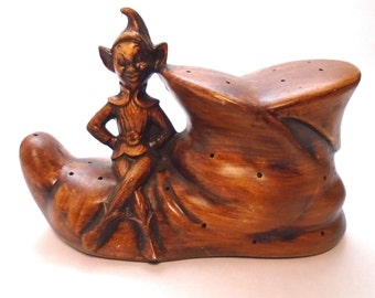 Vintage 1961 "Pixie sitting on a Boot" Pottery Toothpick Holder/Server by Treasure Craft, Compton CA