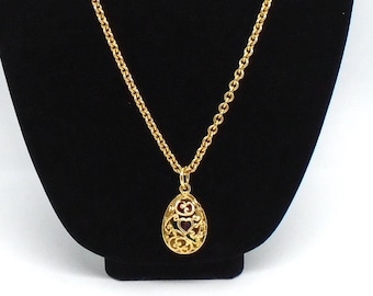 Vintage Kenneth Jay Lane (KJL) Goldtone Necklace with Egg Shaped Pendant with Colored Stones