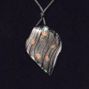 Vintage Black & Grey Silver Swirl Murano Glass Pendant Necklace on Black Silk Cord