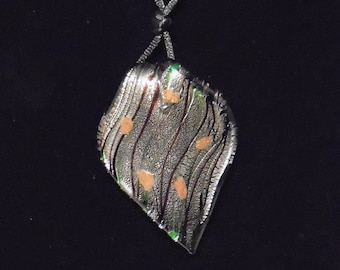 Vintage Black & Grey Silver Swirl Murano Glass Pendant Necklace on Black Silk Cord